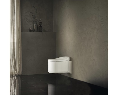 Salle de bains moderne avec WC douche suspendu et sol foncé