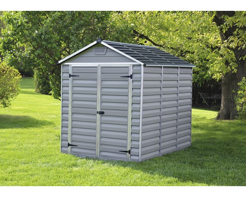Remise à outils Palram – Canopia Skylight 6x8 avec plancher 229 x 185,4 cm gris Abri de jardin en plastique avec double porte sur pelouse
