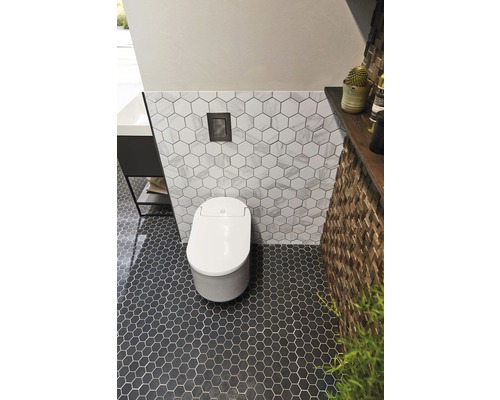 Salle de bains moderne avec WC blanc, carrelage hexagonal au mur et au sol et élément mural en bois.