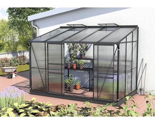 Anlehngewächshaus Vitavia Ida 6500 Hohlkammerplatten 4 mm 324,3x201,4 cm schwarz Gewächshaus aus Aluminium mit Pflanzenregal im Garten