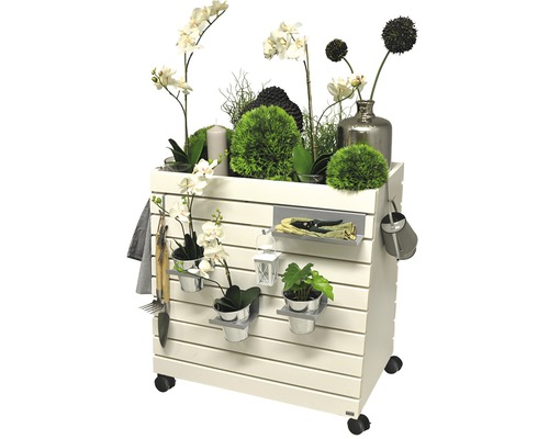 Chariot de table de jardin avec plantes, bougie et outils de jardinage