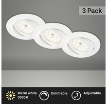 Ensemble de trois spots LED encastrables blancs et à intensité variable, avec lumière blanc chaud et orientation réglable.