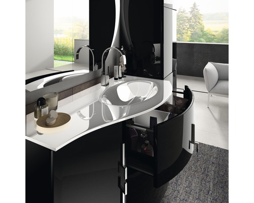 Modernes Badezimmer mit schwarzem Waschtisch, Aufsatzwaschbecken und offenem Schubladenelement