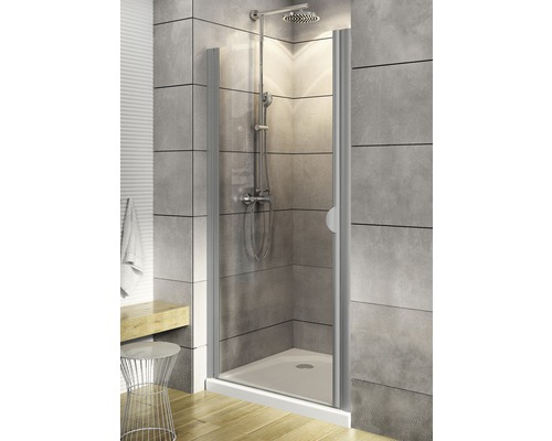 Porte de douche dans niche avec porte pivotante SCHULTE Sunny ExpressPlus 80 cm couleur du profilé aluminium décor de vitre verre transparent butée de porte à gauche butée de porte à droite