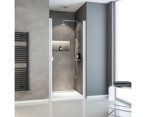 Porte de douche dans niche avec porte pivotante SCHULTE Sunny ExpressPlus 90 cm couleur du profilé aluminium décor de vitre verre transparent butée de porte à gauche butée de porte à droite Salle de bains moderne avec cabine de douche, sèche-serviettes et banc