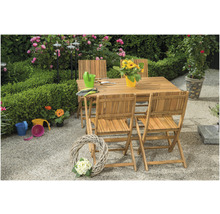 Gartenszene mit Holztisch und Stühlen, umgeben von Pflanzen und Gartendekorationen