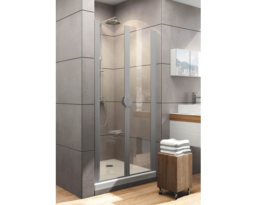 Porte battante dans une niche Schulte ExpressPlus Sunny largeur 90 cm verre transparent couleur du profilé aluminium