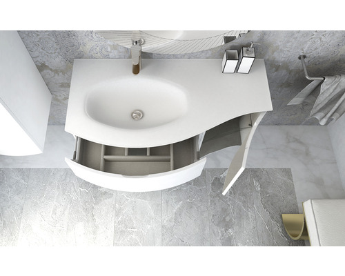 Badezimmer mit Waschbecken, offenem Unterschrank und Armatur, Draufsicht