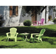 Scène de jardin avec deux chaises de jardin et une table d''appoint sur une pelouse.