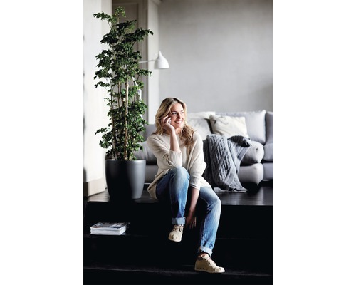 Salon lumineux et convivial avec une femme assise sur un escalier, une plante d''intérieur en pot et un canapé