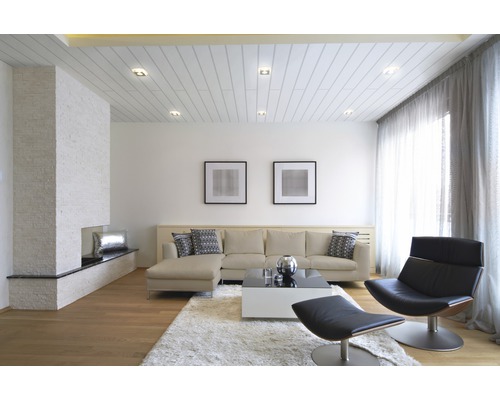 Salon avec canapé, fauteuil, table basse, tapis et cheminée