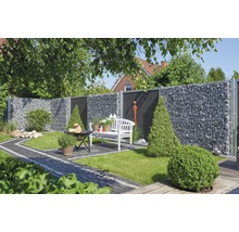 Garten mit Gabionenwand, Bank und Bepflanzung