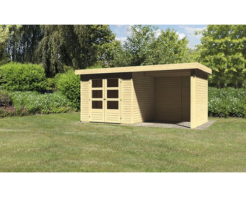 Abri de jardin Karibu Kodiak 3 avec toit en appentis de 2,25 m, parois latérale et arrière 462x209 cm naturel