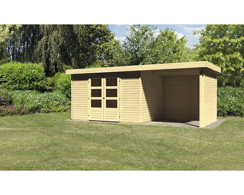 Abri de jardin Karibu Kodiak 4 avec toit en appentis de 2,25 m, parois latérale et arrière 526x217 cm naturel