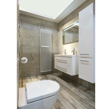 Badmöbel-Set Sanox Straight BxHxT 100 x 170 x 40 cm Frontfarbe weiß hochglanz mit Waschtisch Mineralguss weiß und Waschtischunterschrank Mineralguss-Doppelwaschtisch Spiegel mit LED-Beleuchtung