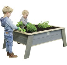 Jardinière surélevée avec deux enfants en train de planter.