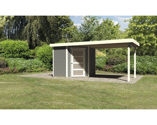 Abri de jardin Karibu Anvik 3 avec toit en appentis, 472 x 217 cm, gris terre cuite