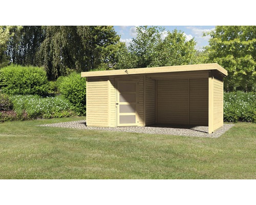 Abri de jardin Karibu Anvik 3 avec toit en appentis, panneau latéral et arrière 472x217 cm naturel