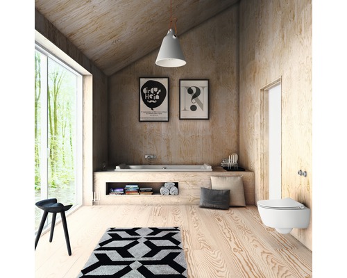 Badezimmer mit Badewanne, Toilette, Hocker, Teppich und Dekoration in hellem Holzdesign