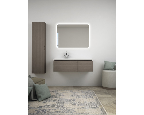 Salle de bain avec meuble-lavabo, miroir avec éclairage et armoire haute