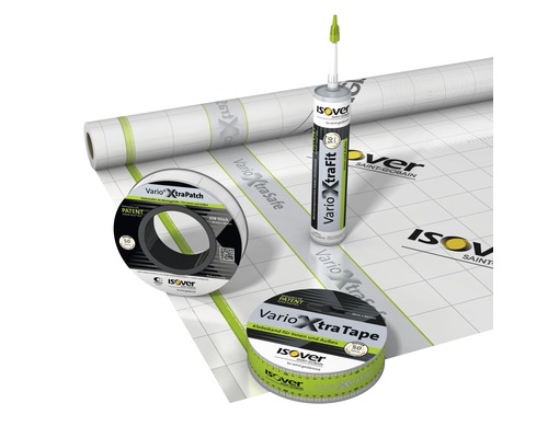 Isover Vario System mit Klimamembran, Dichtkleber, Dichtmanschetten und Klebeband