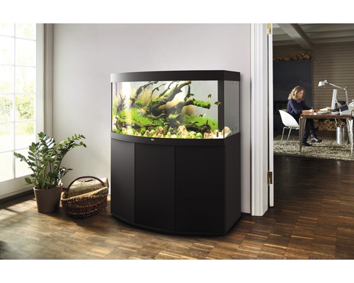 Aquarium aménagé avec meuble bas dans le salon.