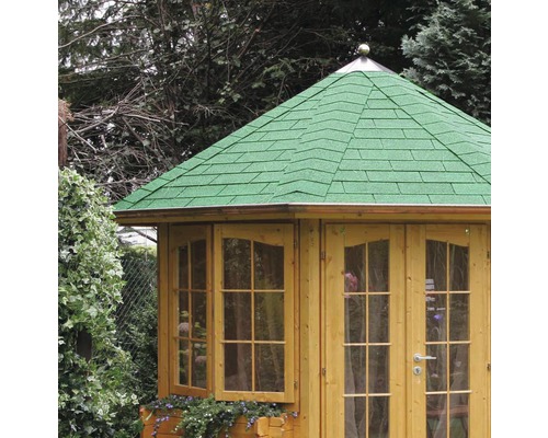 Gartenpavillon mit grünem Dach und Holzrahmen