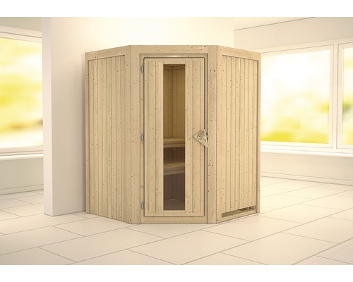Sauna modulaire Karibu Larina sans poêle et couronne avec porte en bois avec verre à isolation thermique
