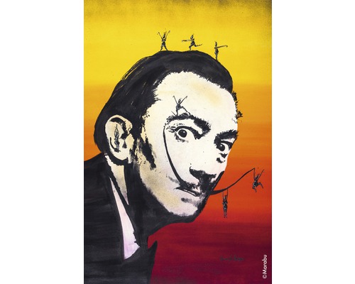 Portrait de Salvador Dali avec de petites figures sur la tête et le visage