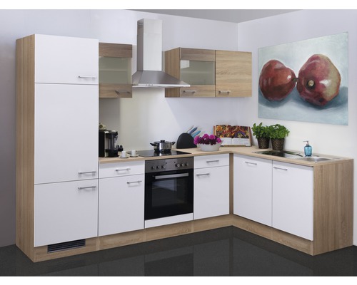 Cuisine en angle équipée Flex Well Samoa 280 cm façade blanche mate, corps chêne sonoma variante réversible