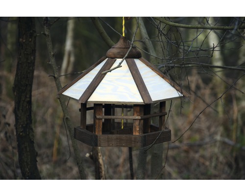 Mangeoire en bois avec suspension jaune