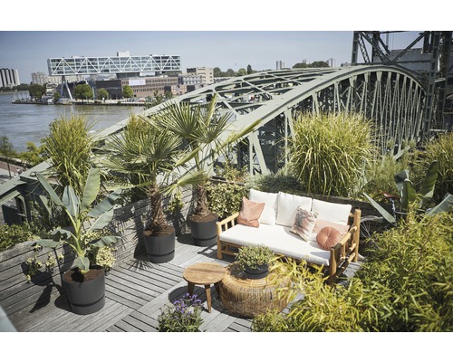 Gestaltete Dachterrasse mit Sitzgruppe, Beistelltisch und verschiedenen Pflanzen in Töpfen.