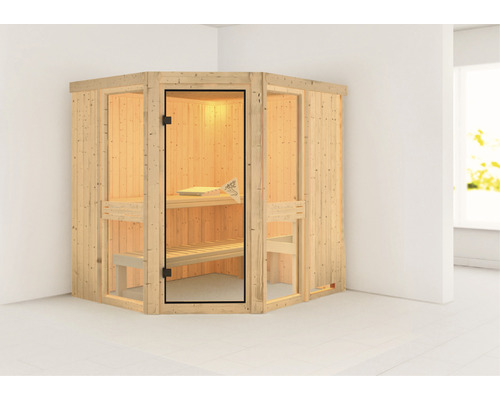 Sauna modulaire Karibu Omelia 1 sans poêle et couronne avec porte vitrée coloris bronze