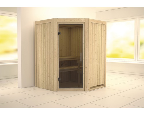 Sauna modulaire Karibu Larina sans poêle ni couronne, avec porte entièrement vitrée coloris graphite