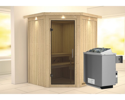 Sauna modulaire Karibu Callinan avec poêle 9 kW et commande intégrée, avec couronne et porte entièrement vitrée coloris graphite