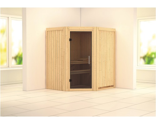 Sauna modulaire Karibu Maurin sans poêle ni couronne, avec porte entièrement vitrée coloris graphite