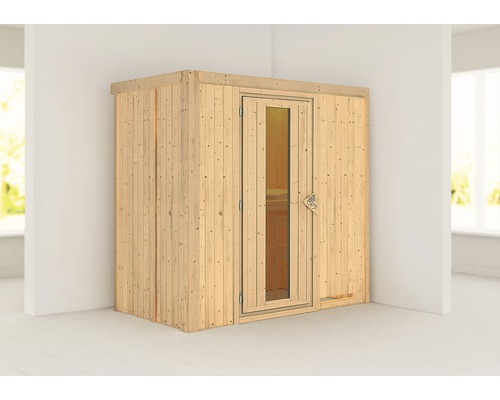 Sauna modulaire Karibu Mariado sans poêle avec couronne et porte en bois avec verre à isolation thermique