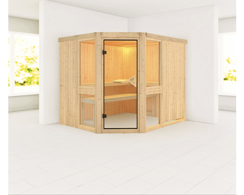 Sauna modulaire Karibu Omelia 3 sans poêle et couronne avec porte vitrée coloris bronze