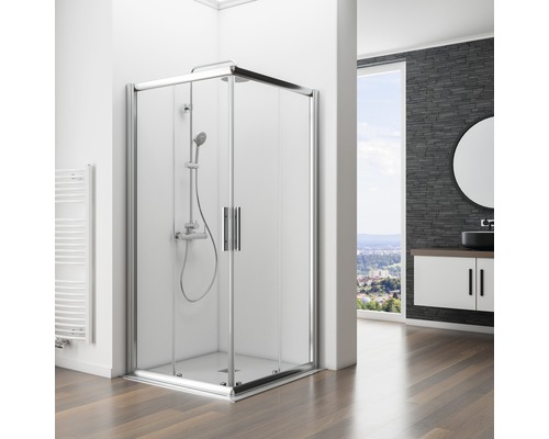 Cabine de douche d''angle avec porte coulissante dans une salle de bain