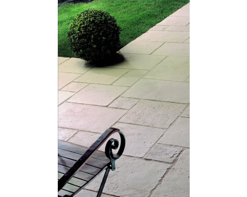 Gartenweg aus Natursteinplatten mit Rasenfläche und einem kugelförmigen Busch