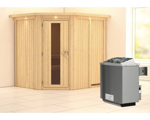 Sauna modulaire Karibu Petalit avec poêle 9 kW et commande intégrée, avec couronne et porte en bois avec verre isolant thermique
