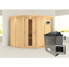 Sauna modulaire Karibu Piemon avec poêle 9 kW et commande externe, avec couronne et porte en bois avec verre isolant thermique