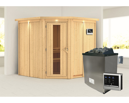 Sauna d''angle en bois avec porte vitrée et poêle de sauna avec pierres et commande