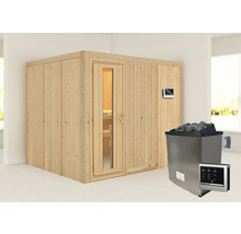 Sauna modulaire Karibu Gobina avec poêle 9 kW et commande ext. sans couronne avec porte en bois et verre à isolation thermique-thumb-0