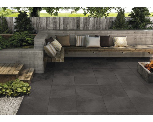 Dalle de terrasse FLAIRSTONE en grès cérame fin Slate Black bords rectifiés 60 x 60 x 2 cm