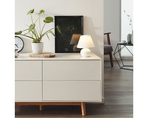 Commode dans le salon avec lampe de table, plante d''intérieur et tableau