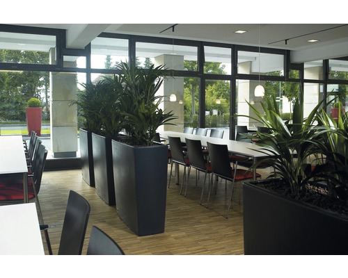 Innenraumszene mit Konferenztisch, Stühlen und Pflanzenkübeln