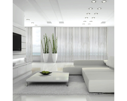 Modernes Wohnzimmer mit Sofa, Couchtisch, Zimmerpflanzen und Jalousien