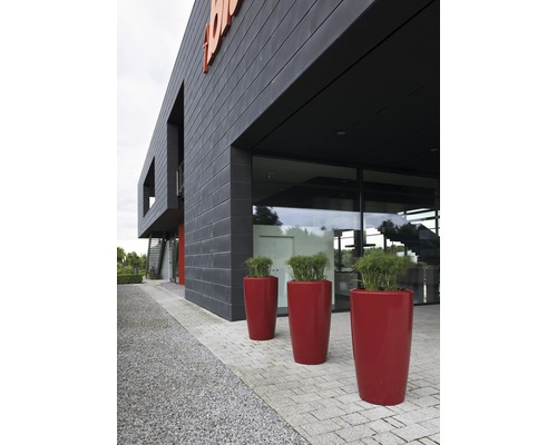 Vue extérieure d''un bâtiment avec trois bacs à plantes.