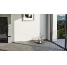Pièce lumineuse avec cheminée barbecue, carrelage et porte de terrasse
